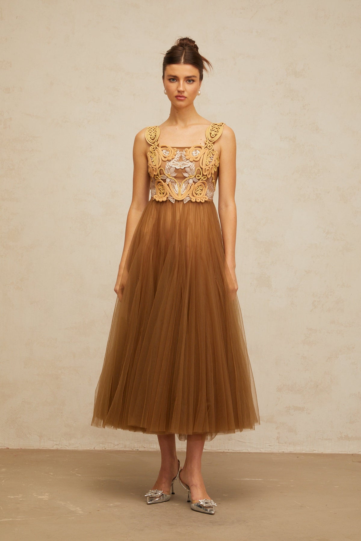 Elodie brown braid-detail tulle midi dress