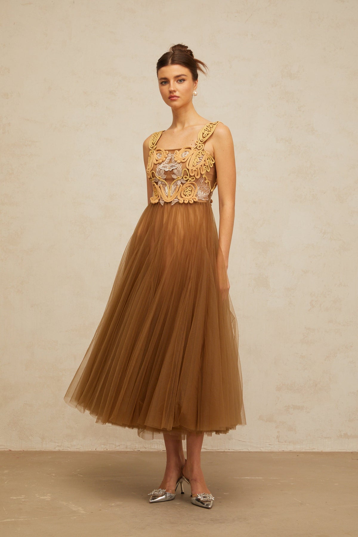 Elodie brown braid-detail tulle midi dress