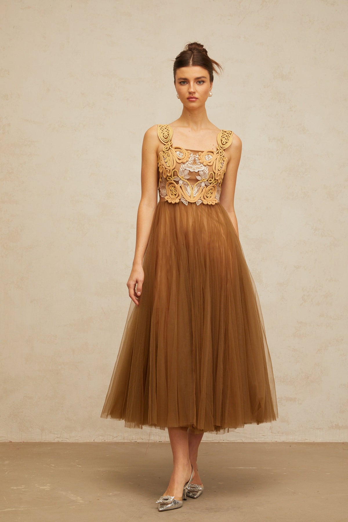 Elodie brown braid-detail tulle midi dress