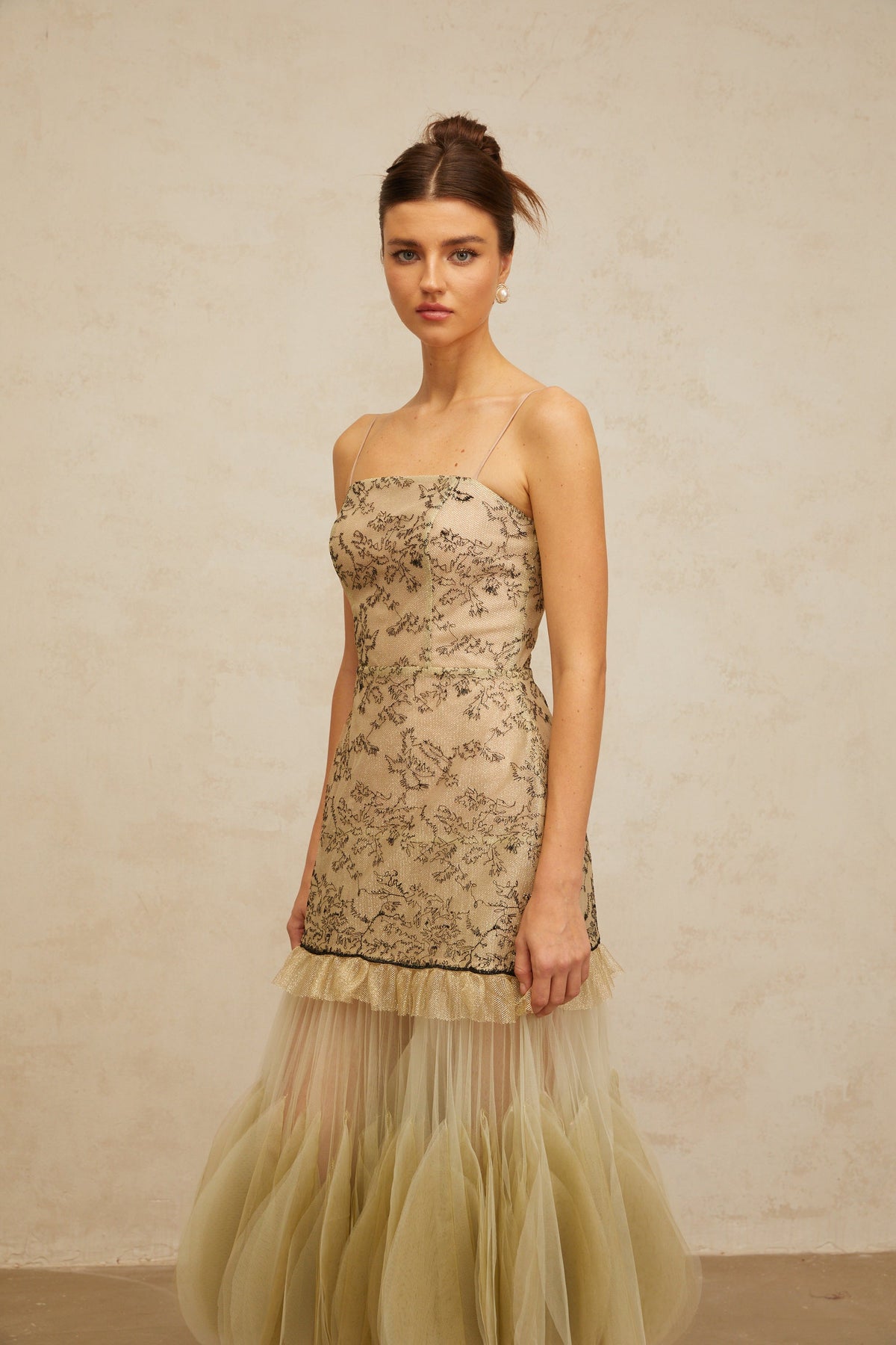 Mathilde green embroidered panelled midi dress