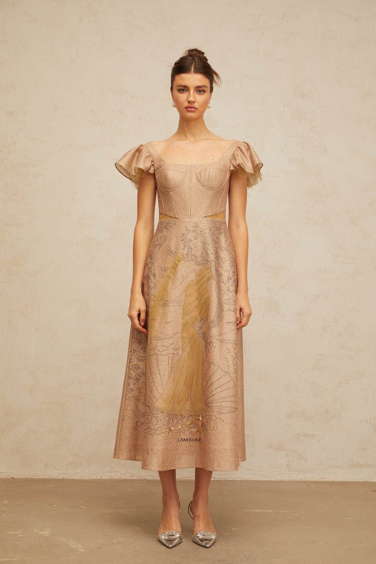 Giada khaki graphic-print flared midi dress