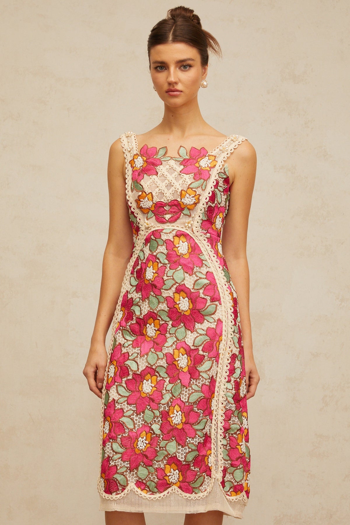 Nalini rose-pink braided floral-embroidered midi dress (Final Sale)