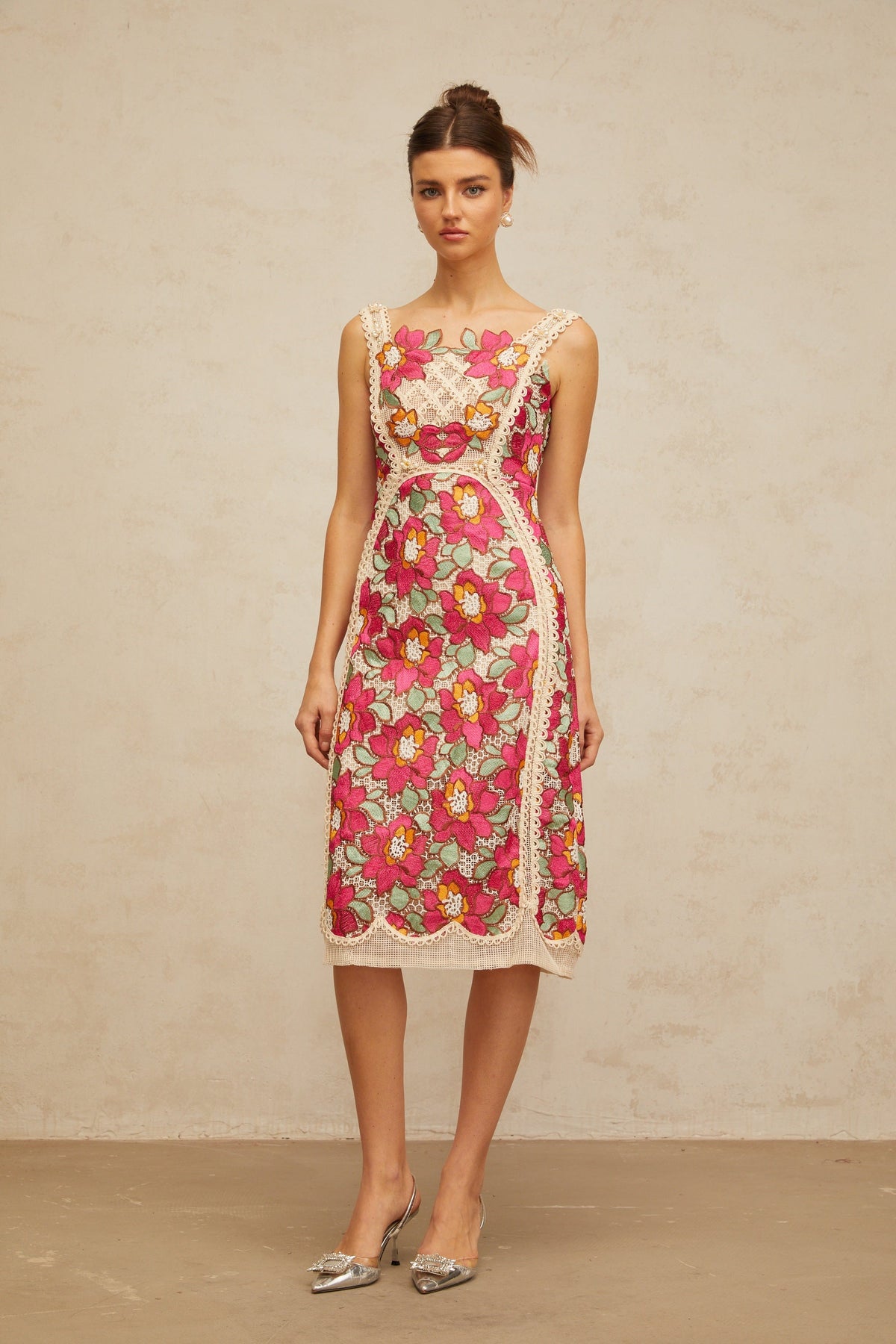 Nalini rose-pink braided floral-embroidered midi dress (Final Sale-US Only)