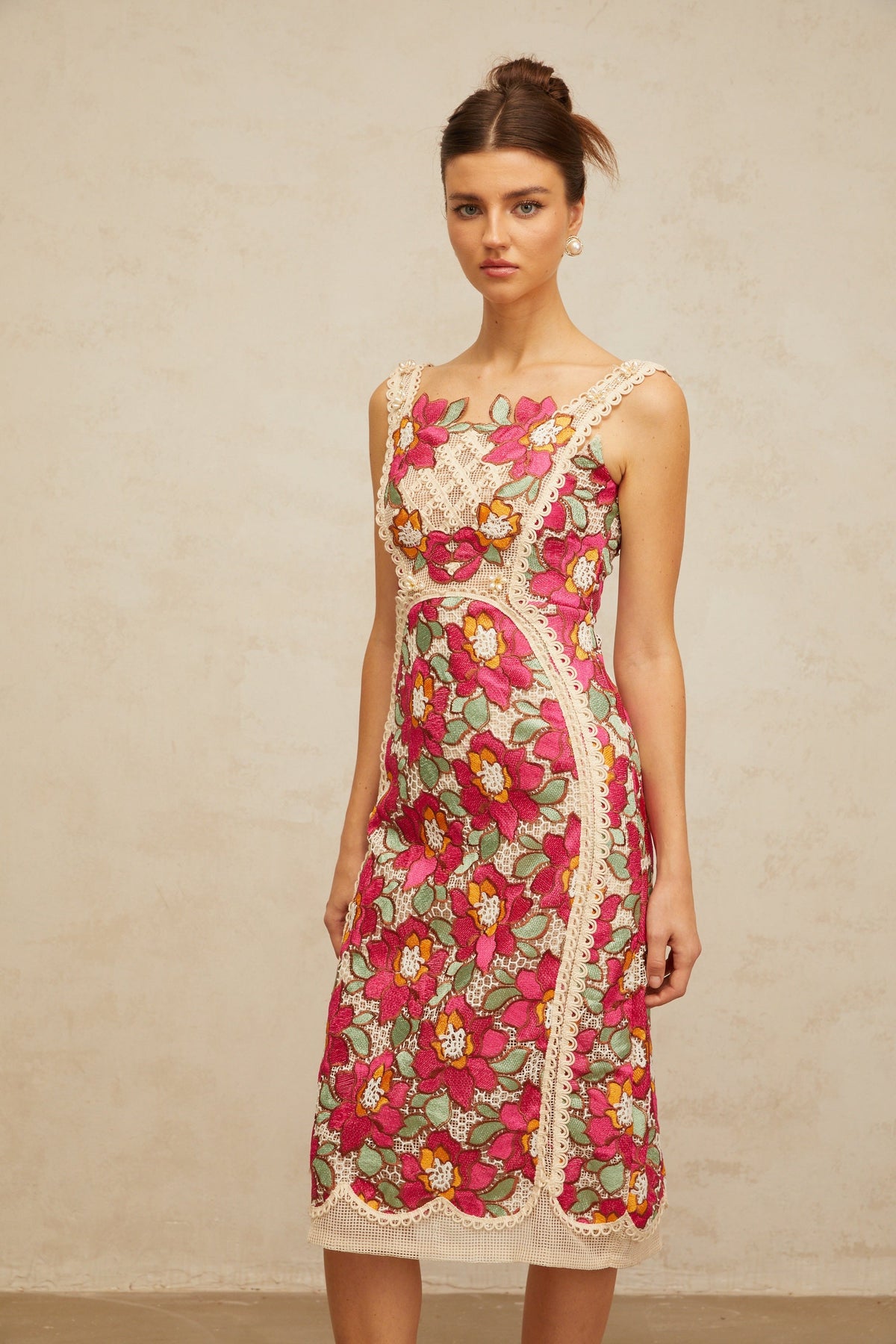 Nalini rose-pink braided floral-embroidered midi dress (Final Sale)
