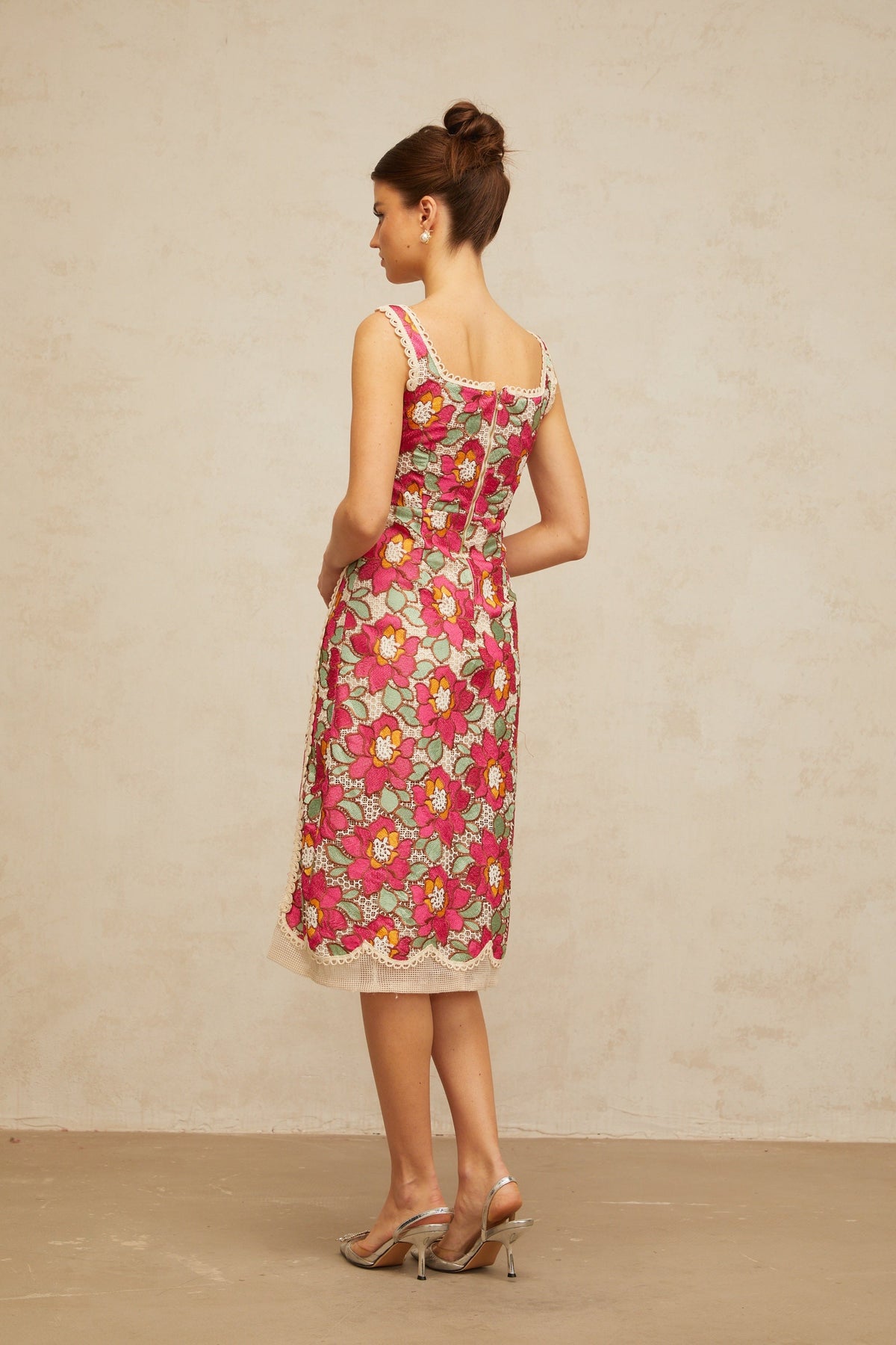 Nalini rose-pink braided floral-embroidered midi dress