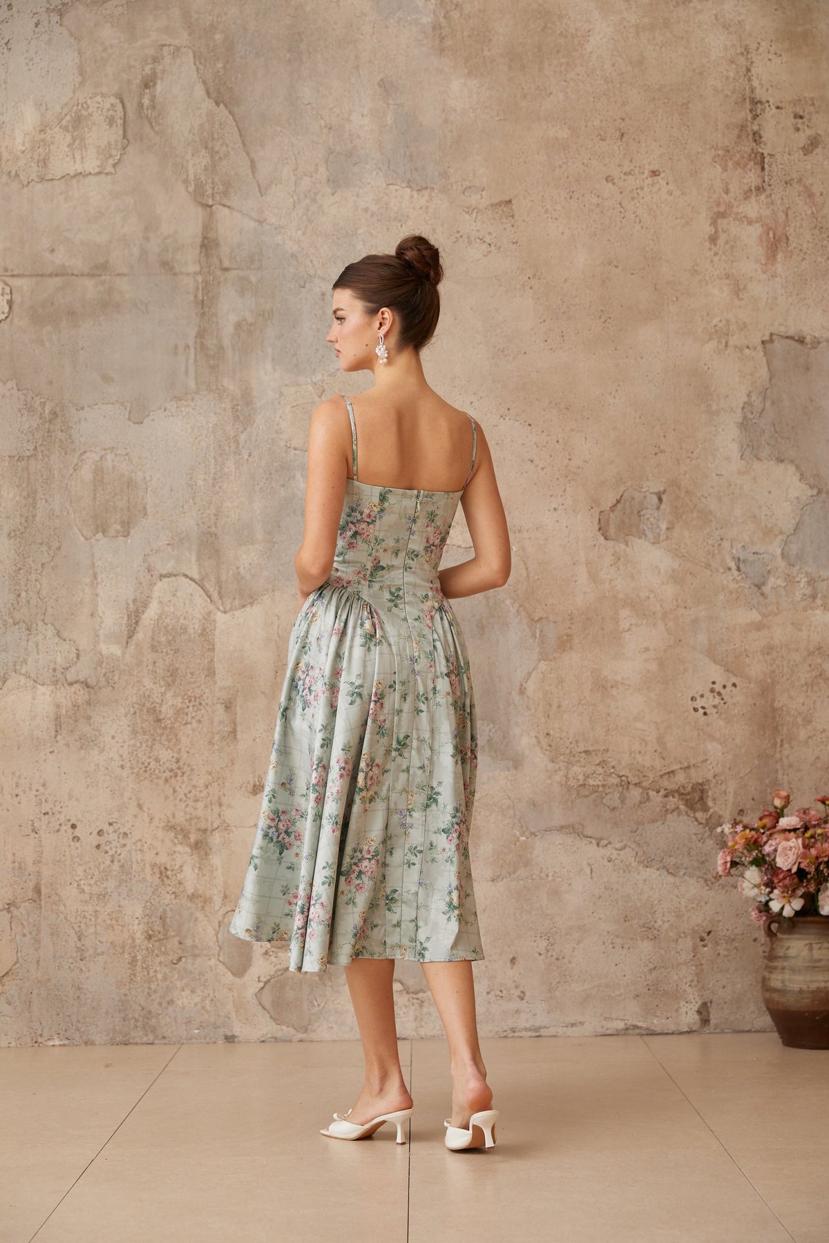 Prunelle sage-green floral-print shirred midi dress (Final Sale-US Only)