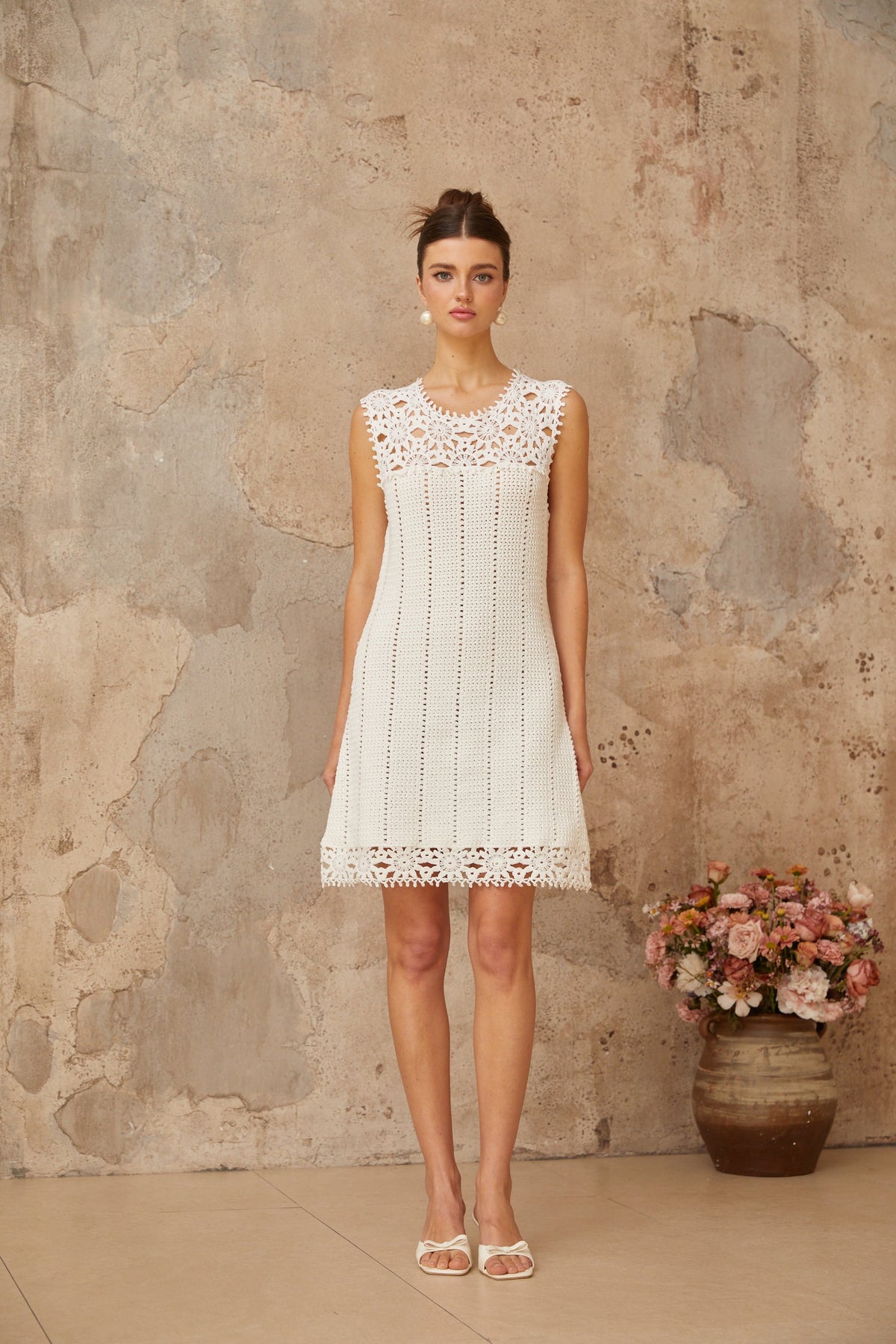 Gisèle white floral-appliqué crochet-knit mini dress