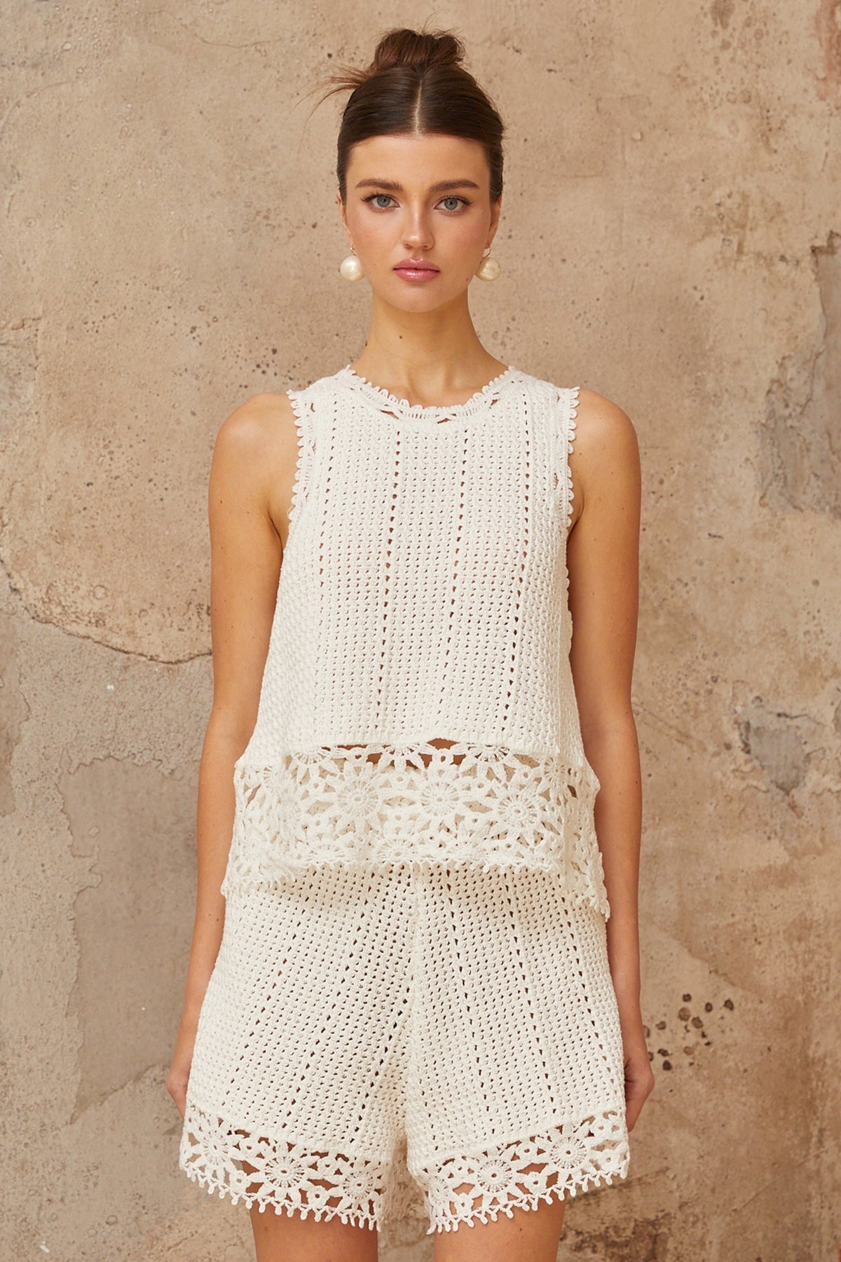 Gisèle White Floral Appliqué Crochet Knit Two-Piece Top and Shorts Set