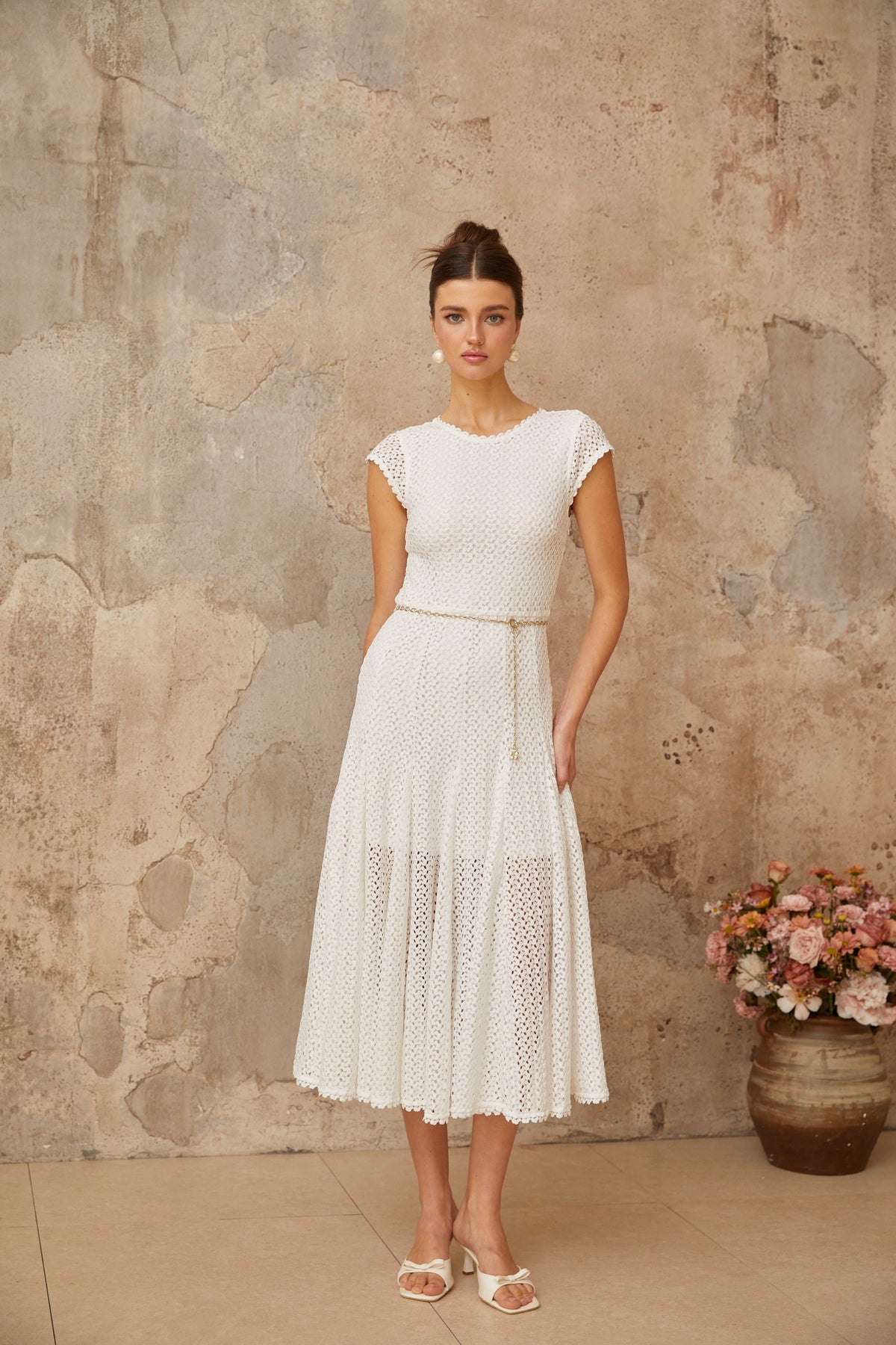 Giada white shirred crochet-knit midi dress