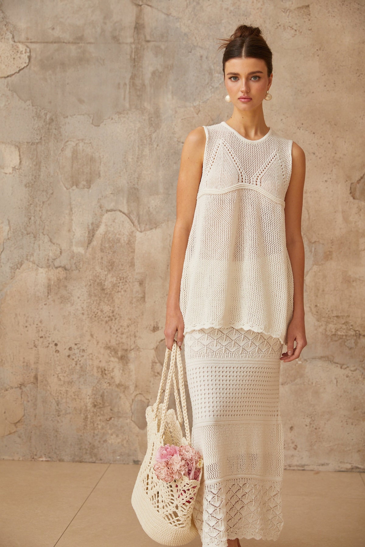Irène White Cutout Crochet Knit Two-Piece Top and Skirt