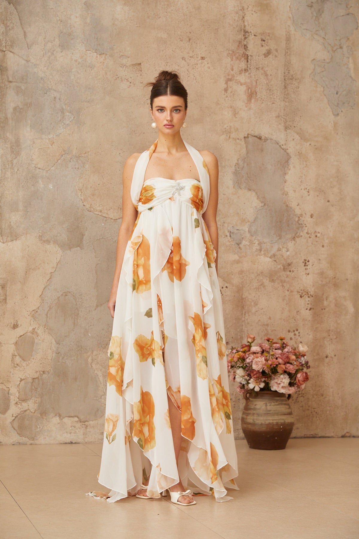 Mariah white floral-print ruffled tulle maxi dress