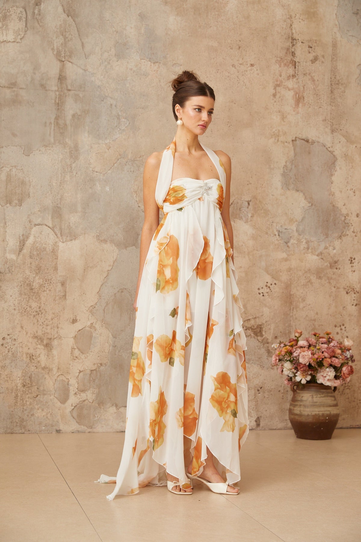 Mariah white floral-print ruffled tulle maxi dress