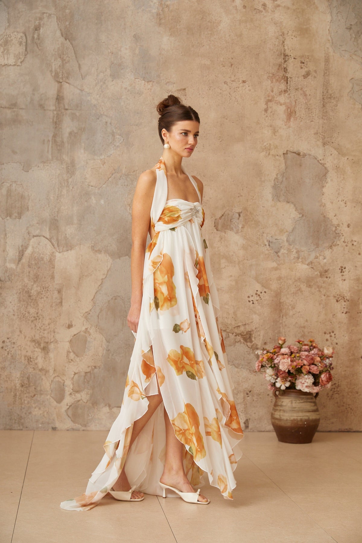 Mariah white floral-print ruffled tulle maxi dress