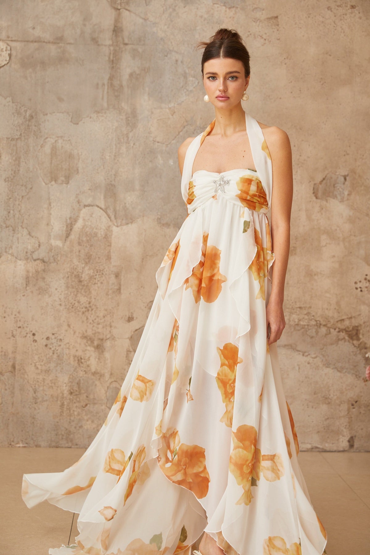 Mariah white floral-print ruffled tulle maxi dress