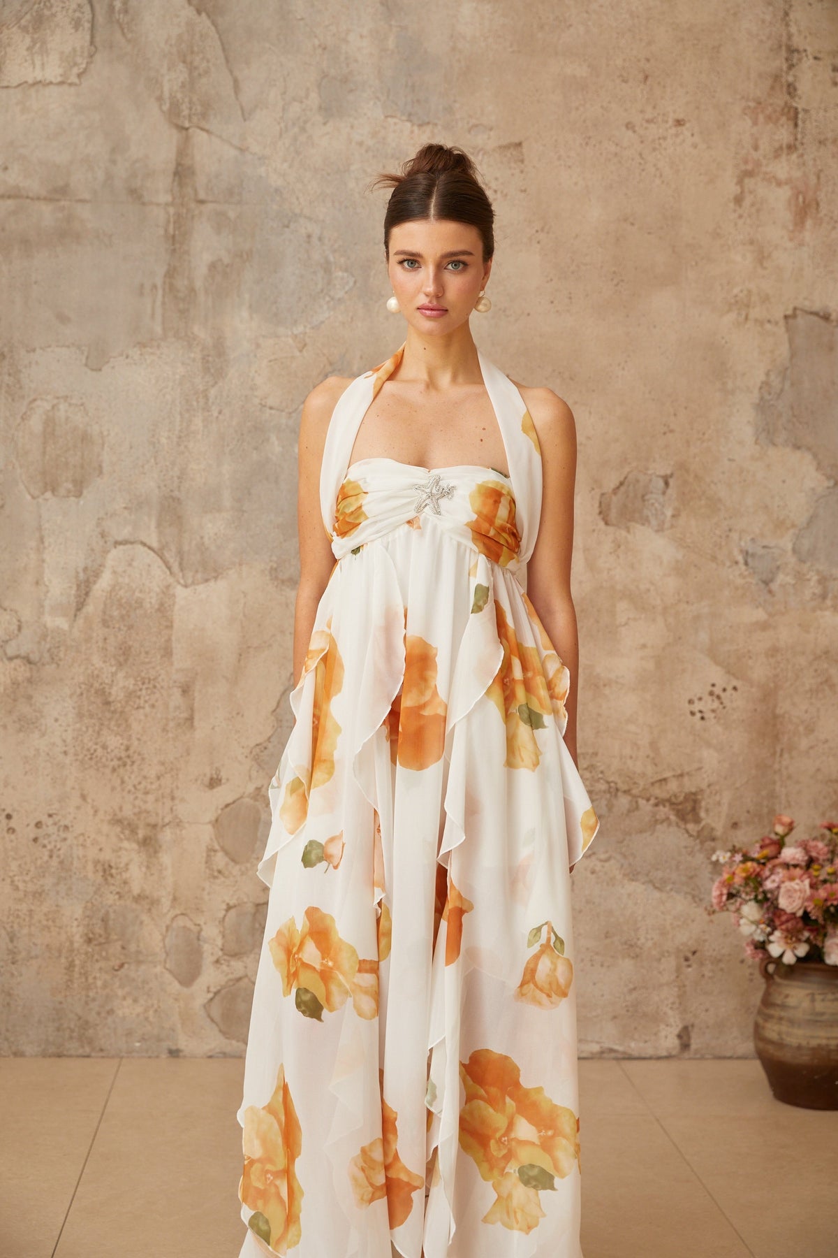 Mariah white floral-print ruffled tulle maxi dress