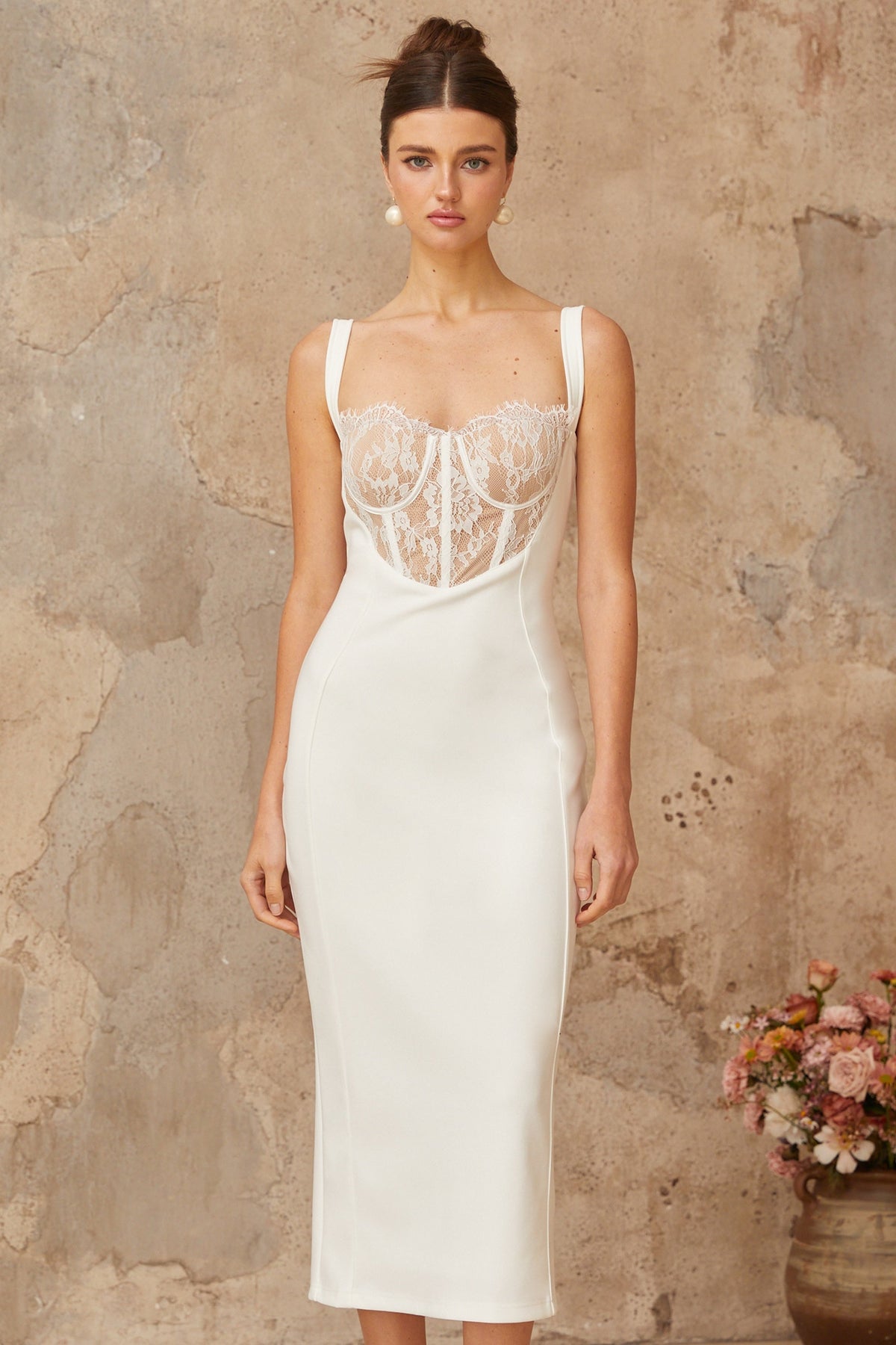 Poema white lace-panel corset midi dress