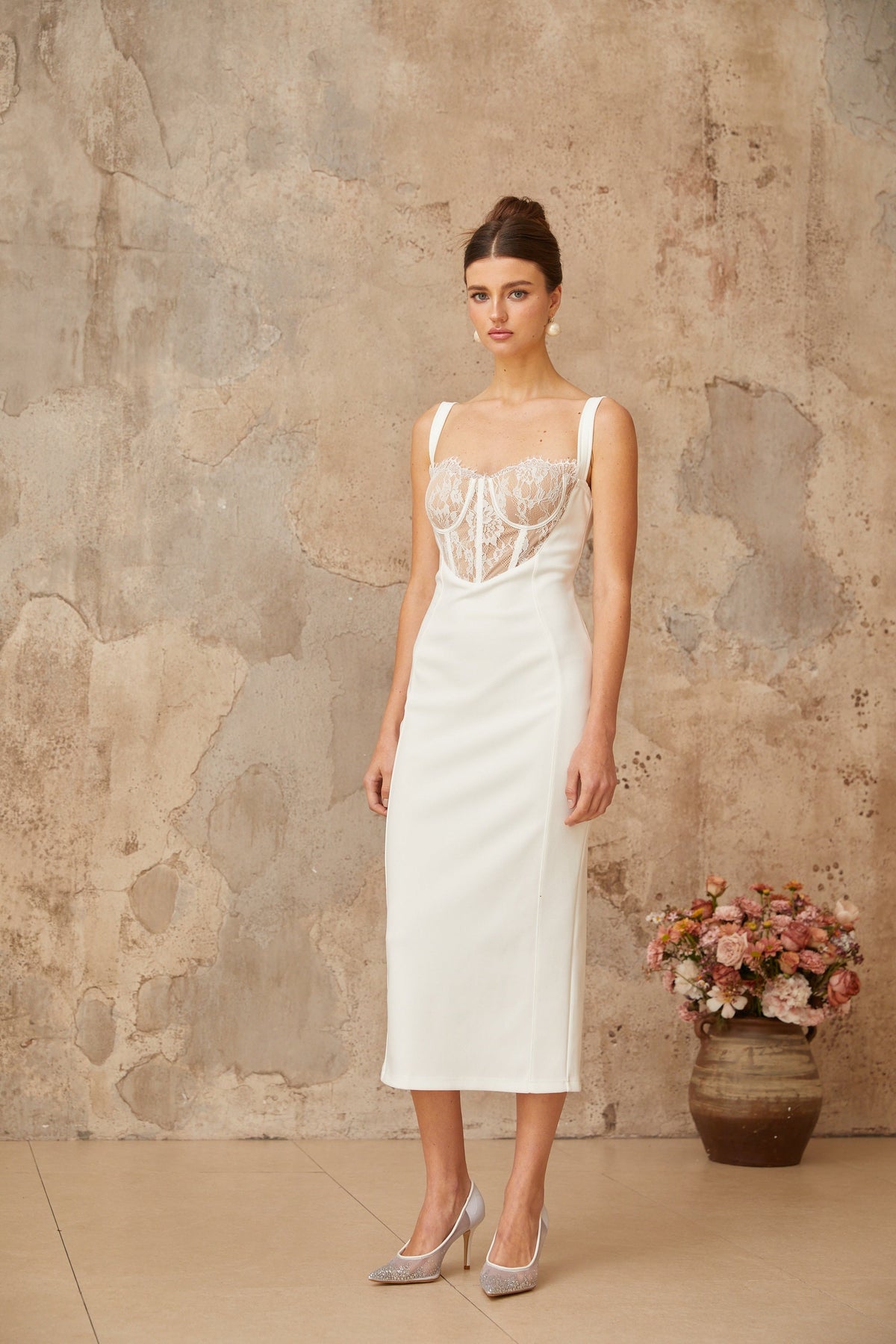 Poema white lace-panel corset midi dress