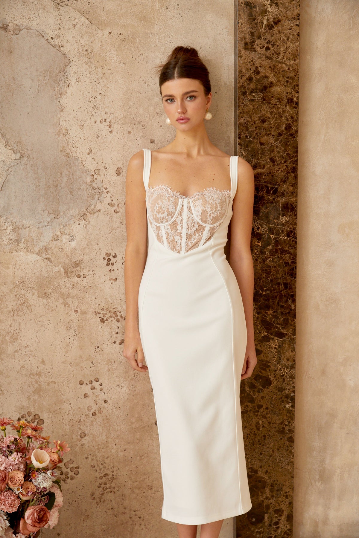 Poema white lace-panel corset midi dress