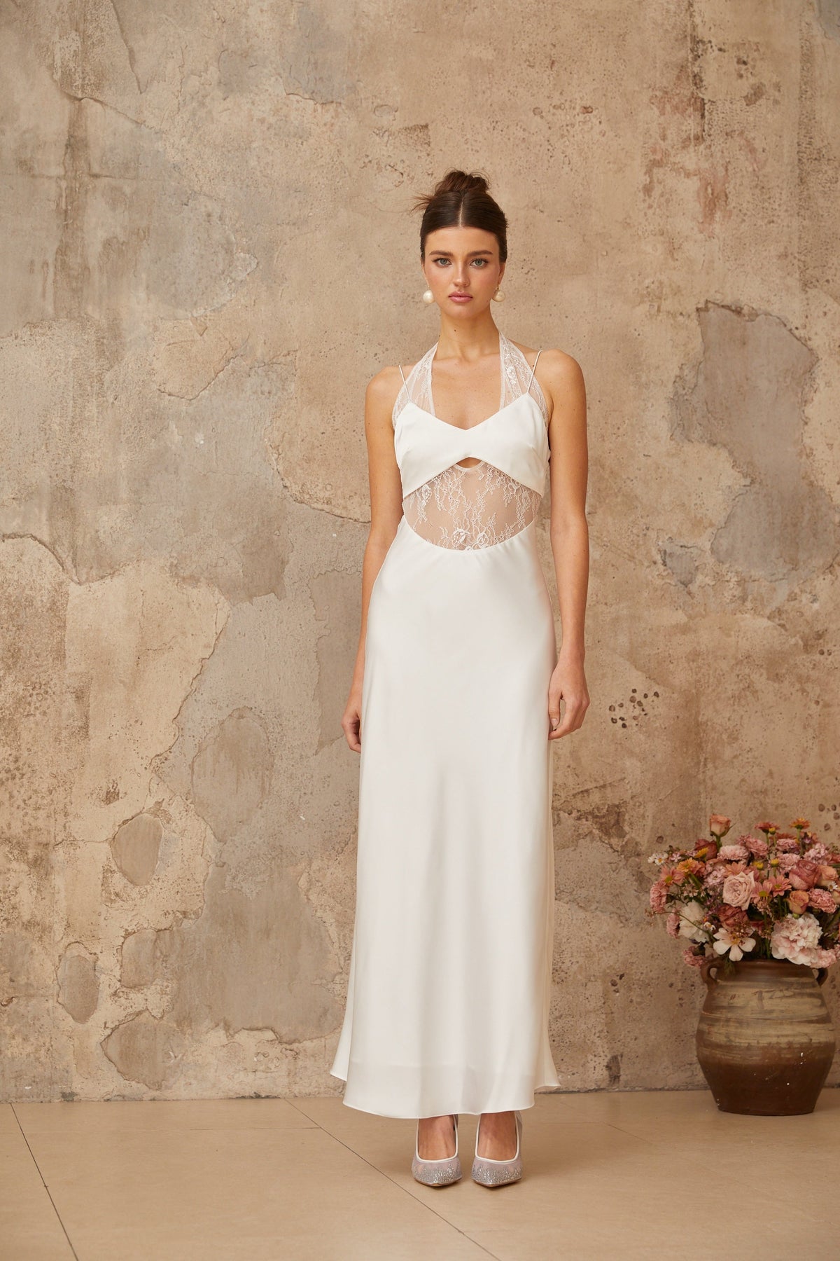 Blanche white lace-panel satin maxi dress (Final Sale)