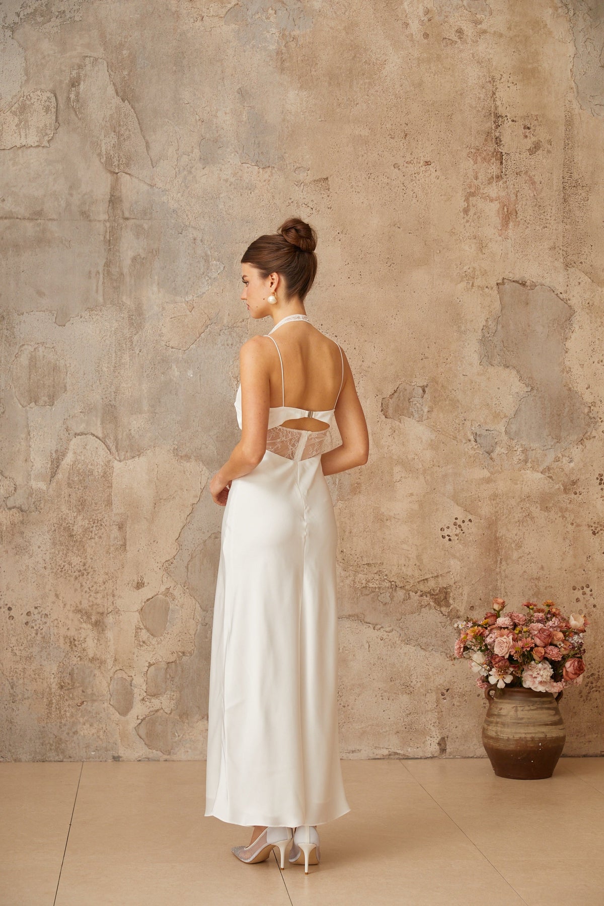Blanche white lace-panel satin maxi dress (Final Sale)