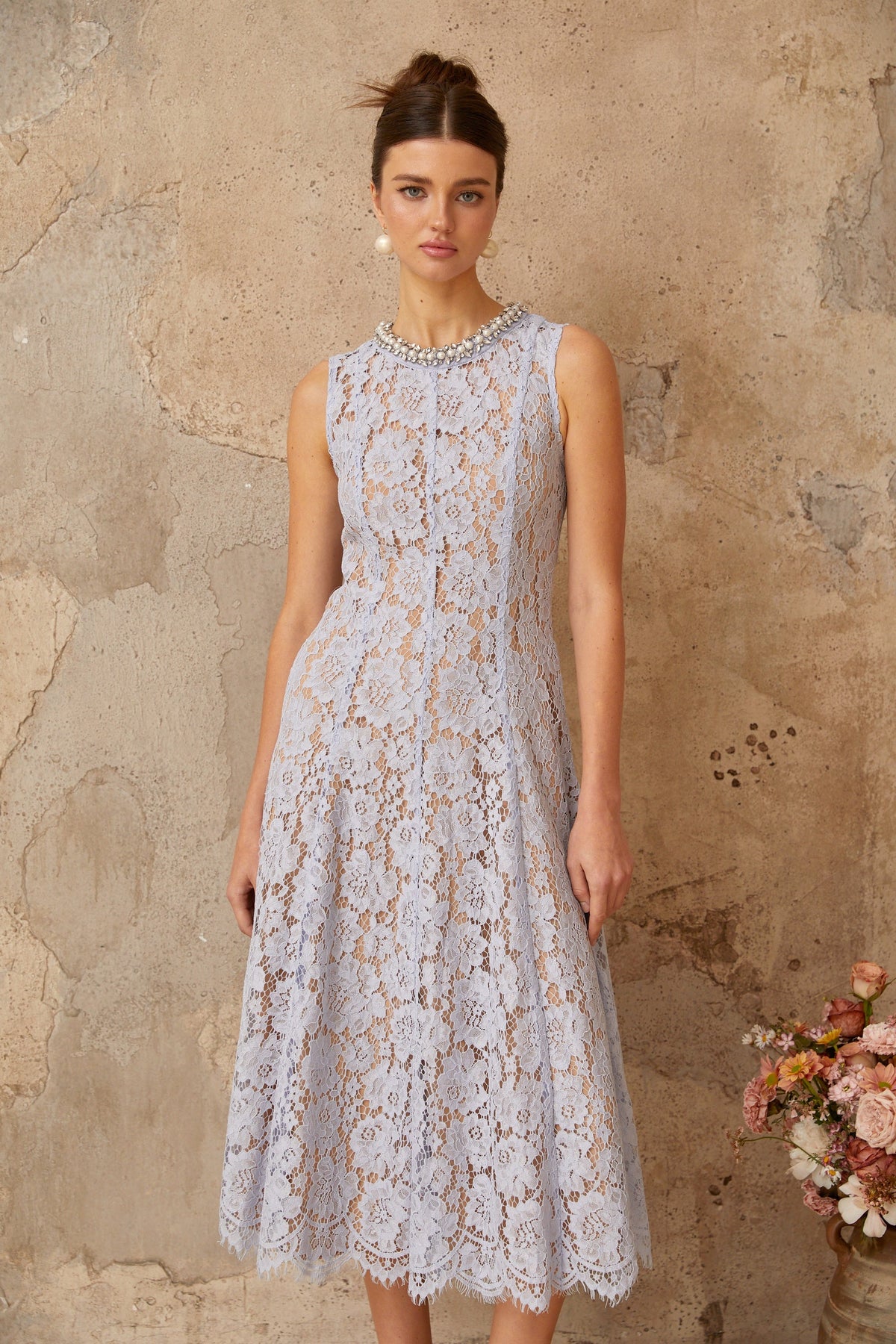 Lison blue embellished floral-lace midi dress