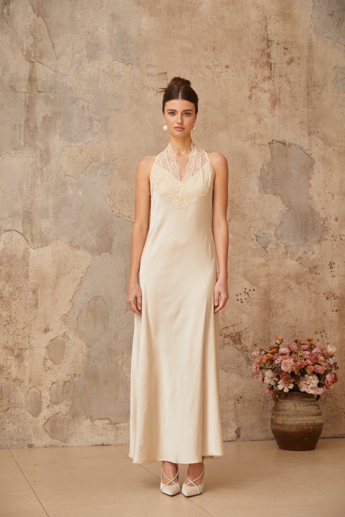 Vera White Lace Trim Satin Maxi Dress