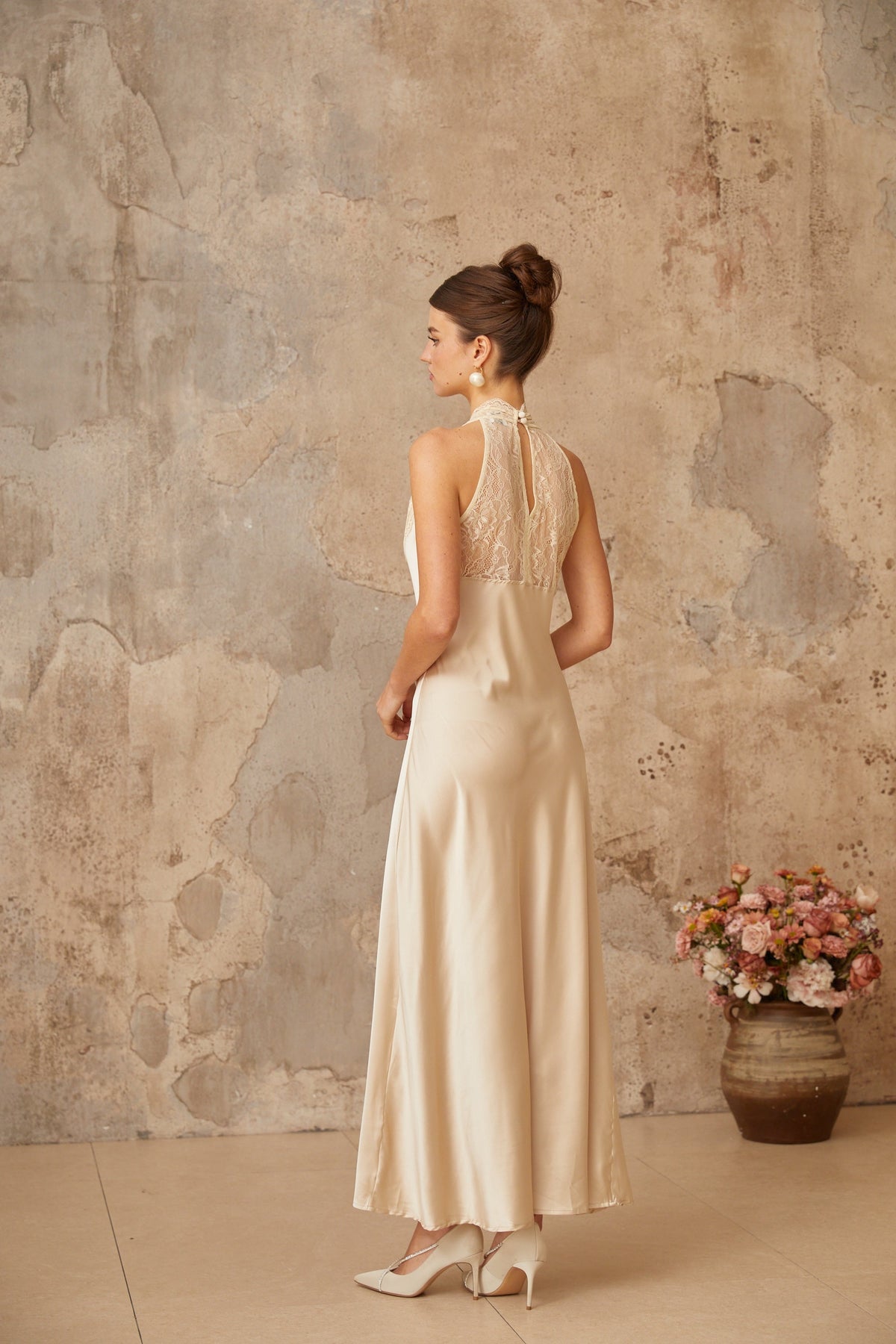 Vera White Lace Trim Satin Maxi Dress