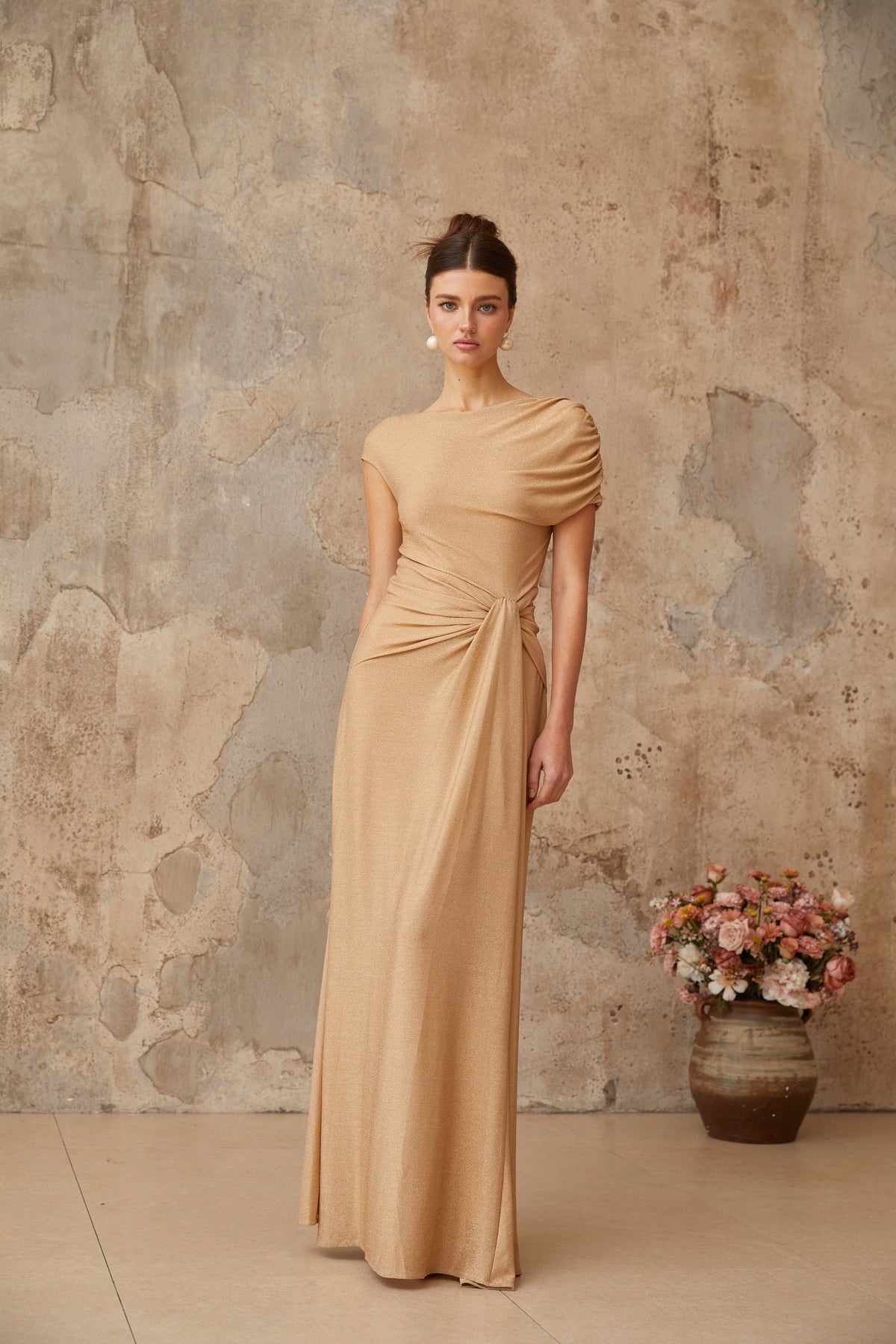 Rosalie gold asymmetrical pleated maxi dress (Final Sale)