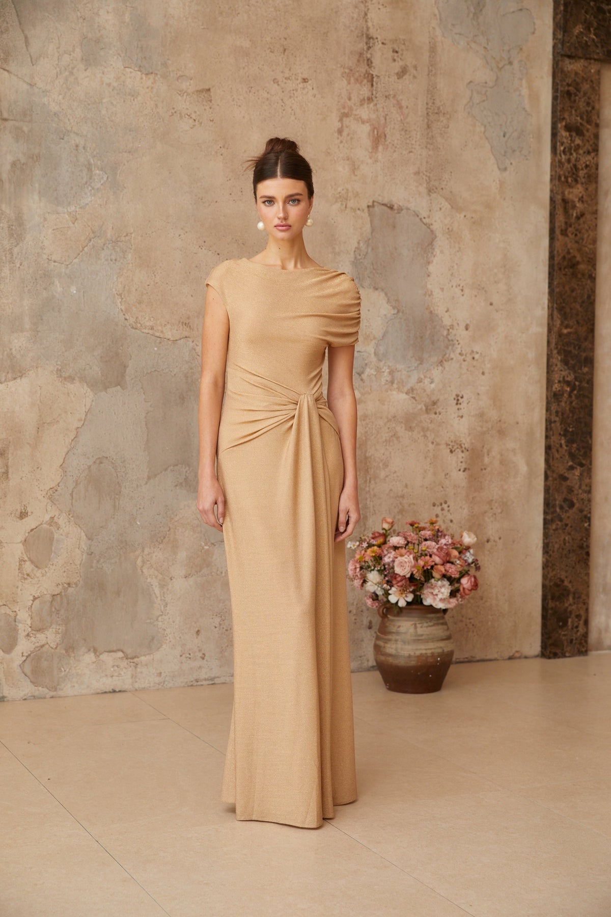 Rosalie gold asymmetrical pleated maxi dress (Final Sale)