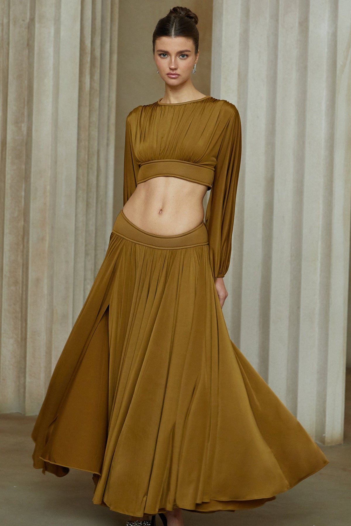 Daphné Green Fully Pleated Two-Piece Blouse and Skirt Set (Final Sale-US Only)