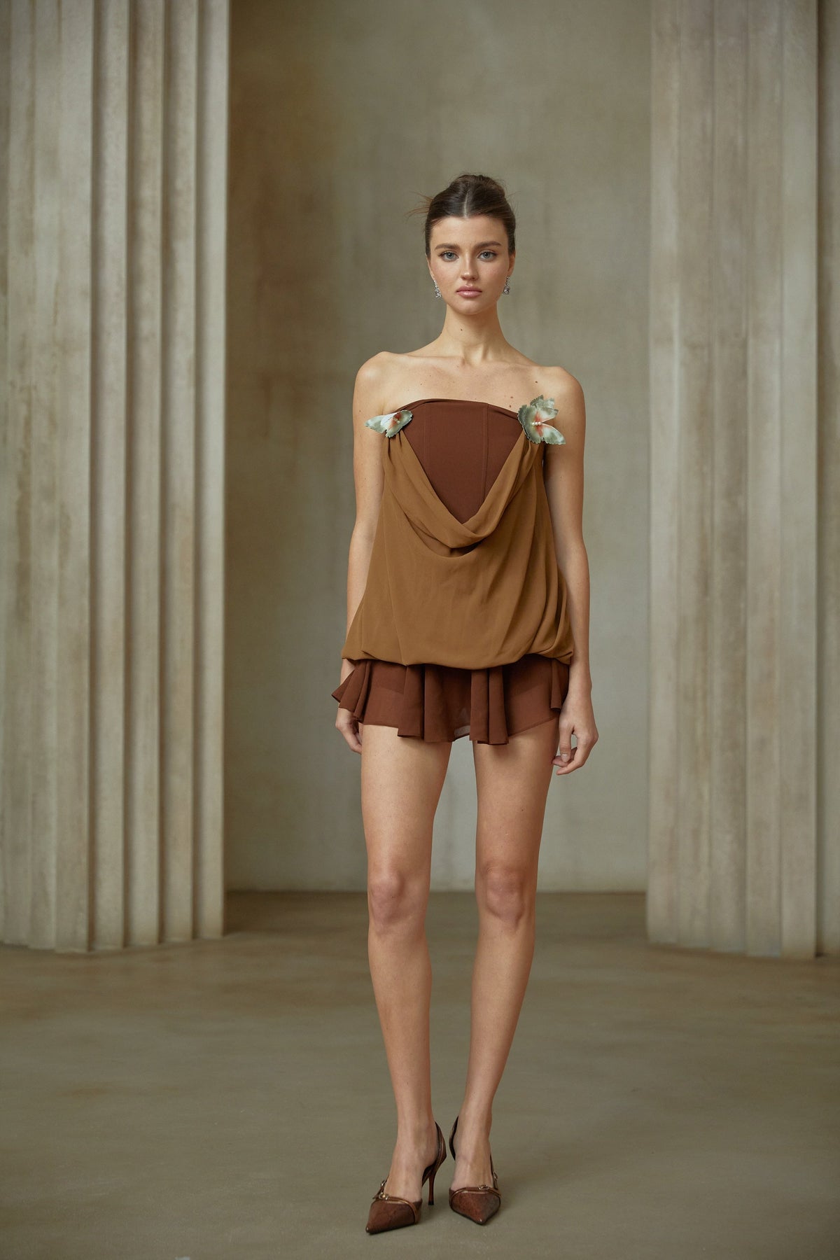 Vanessa brown butterfly-pin panelled top & skirt matching set (Final Sale-US Only)