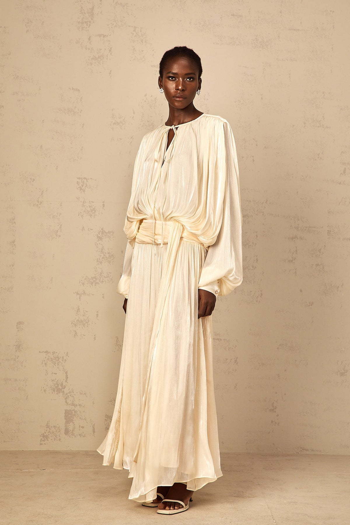 Eugénie Pleated Ruffle Maxi Dress in Neutral (Final Sale-US Only)