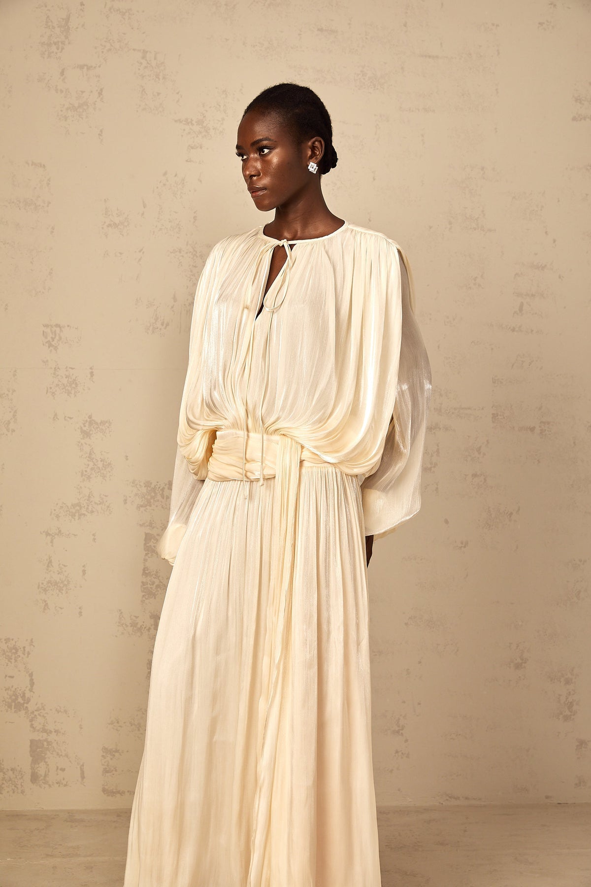 Eugénie Pleated Ruffle Maxi Dress in Neutral (Final Sale-US Only)