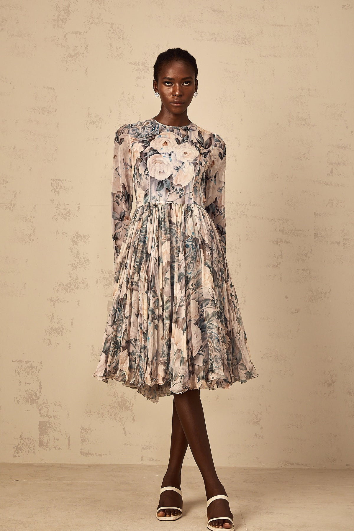 Mélanie Floral Print Pleated Chiffon Midi Dress (Final Sale)