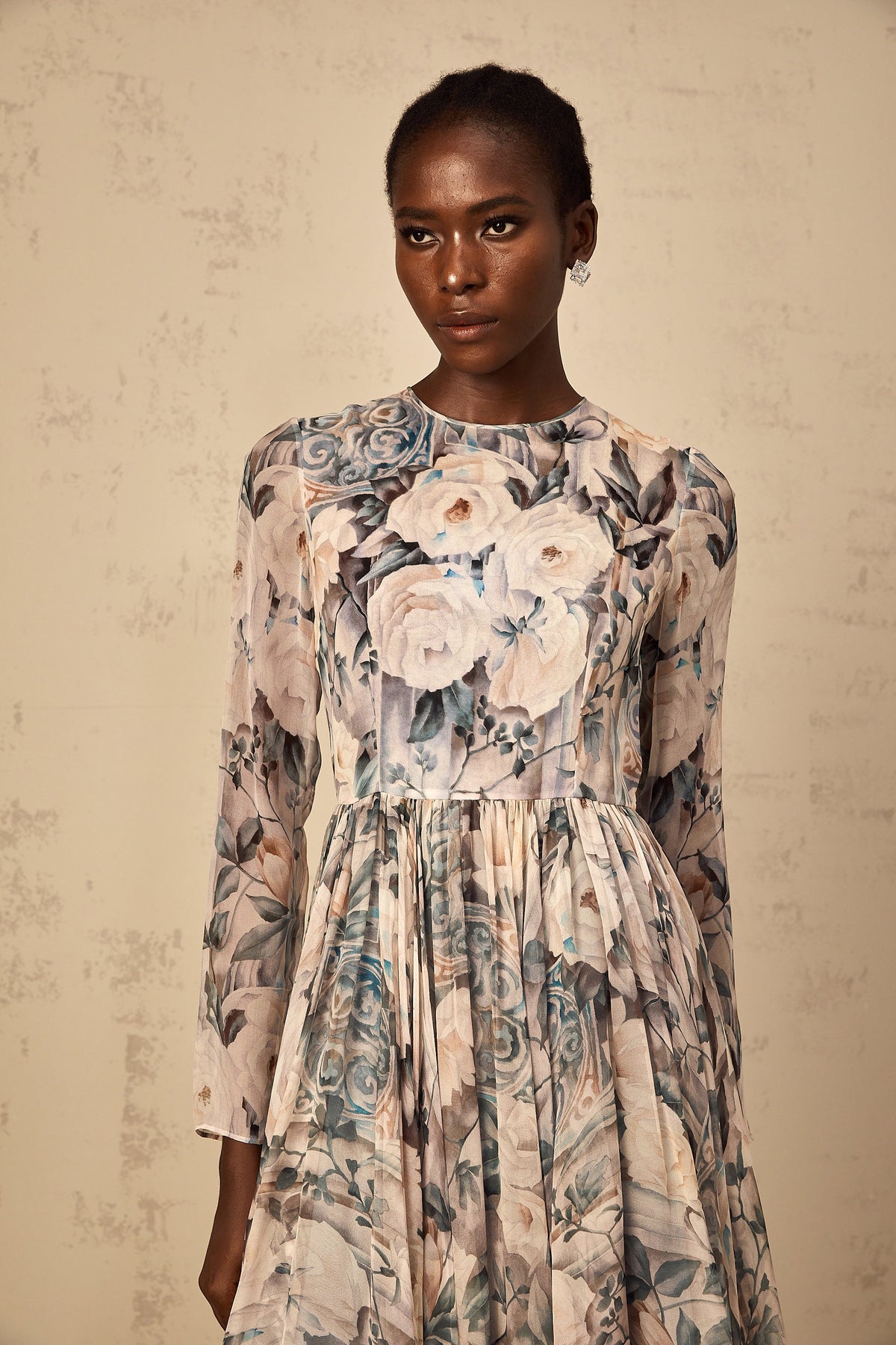 Mélanie Floral Print Pleated Chiffon Midi Dress (Final Sale)