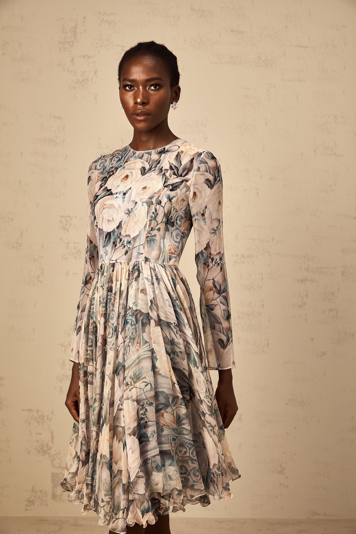 Mélanie Floral Print Pleated Chiffon Midi Dress (Final Sale-US Only)
