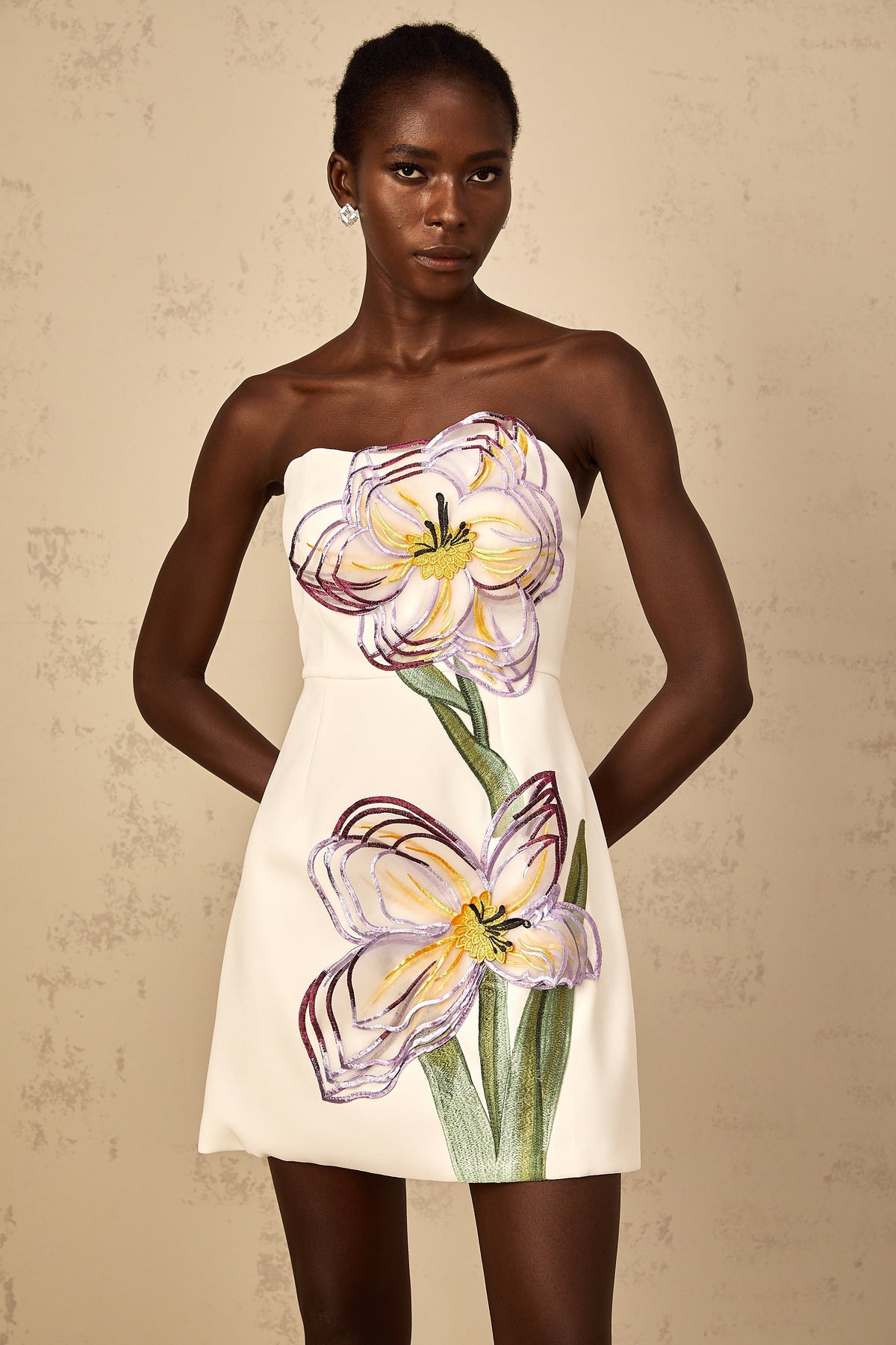 Irène White Off-Shoulder Sequin Floral Embroidered Mini Dress