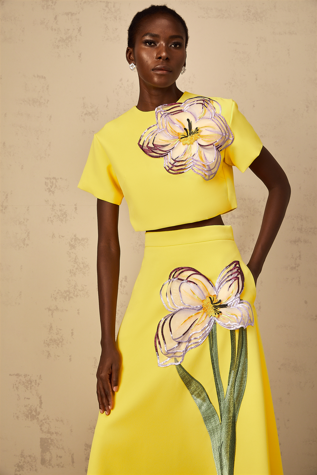 Irène Yellow Sequin Floral Embroidered Matching Set