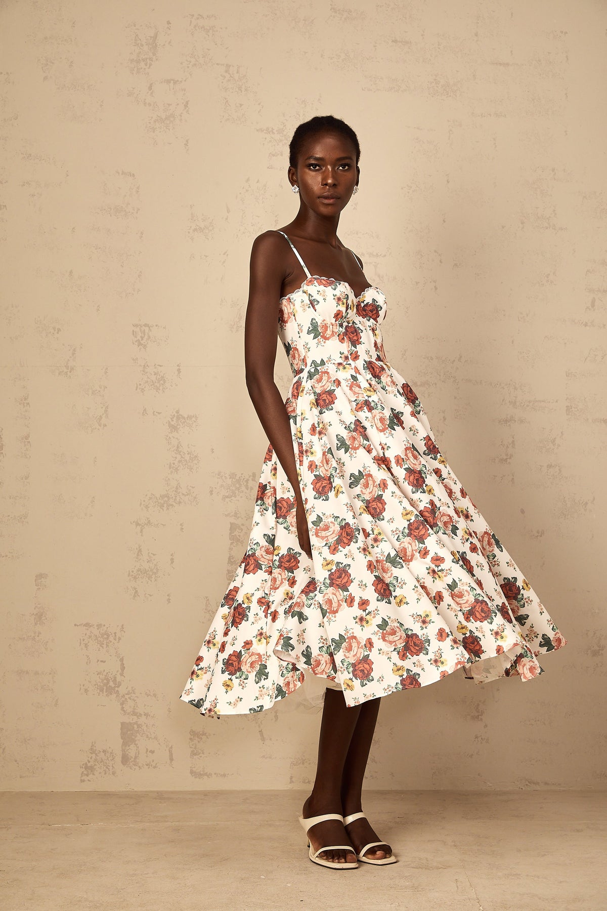 Airelle White Rose Print Flounced Midi Dress