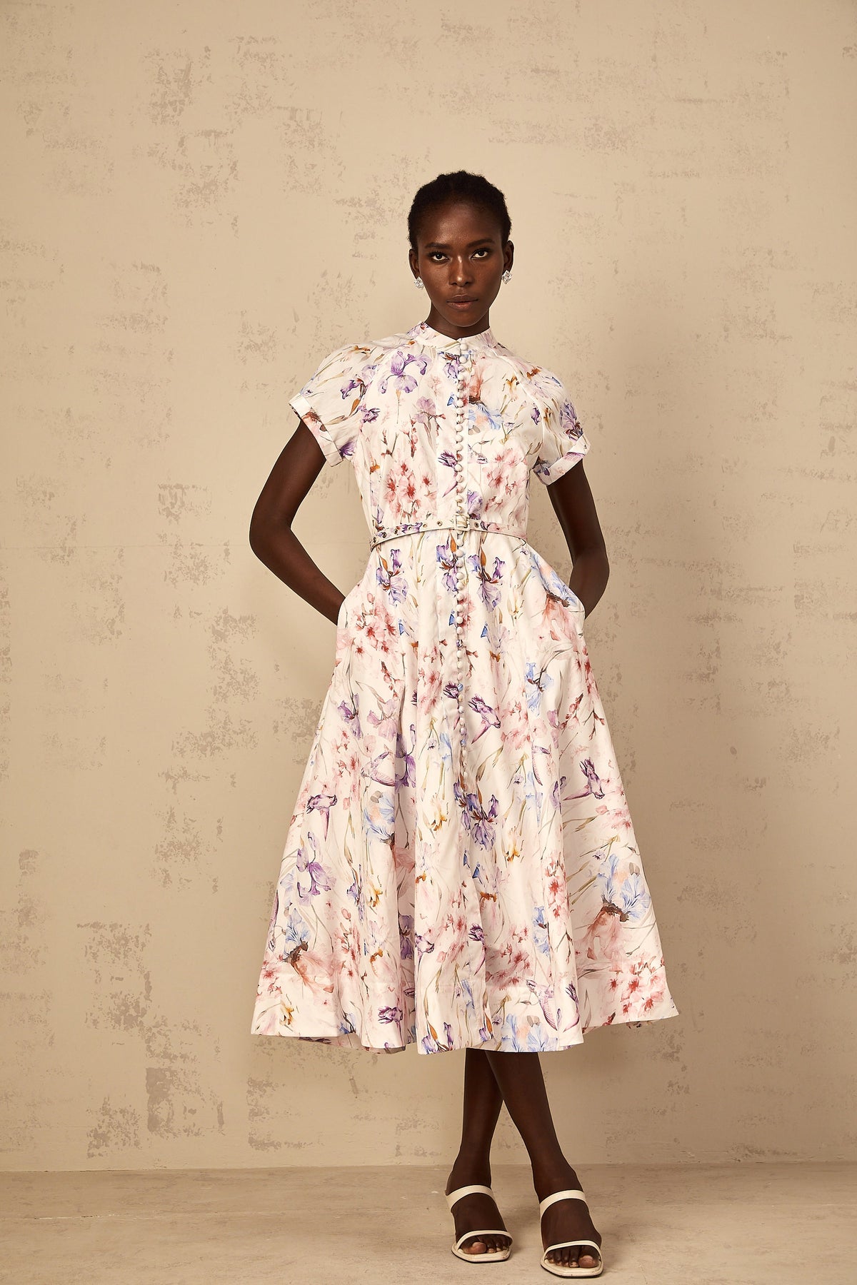 Géraldine White Mock-Neck Floral Print Midi Dress (Final Sale-US Only)