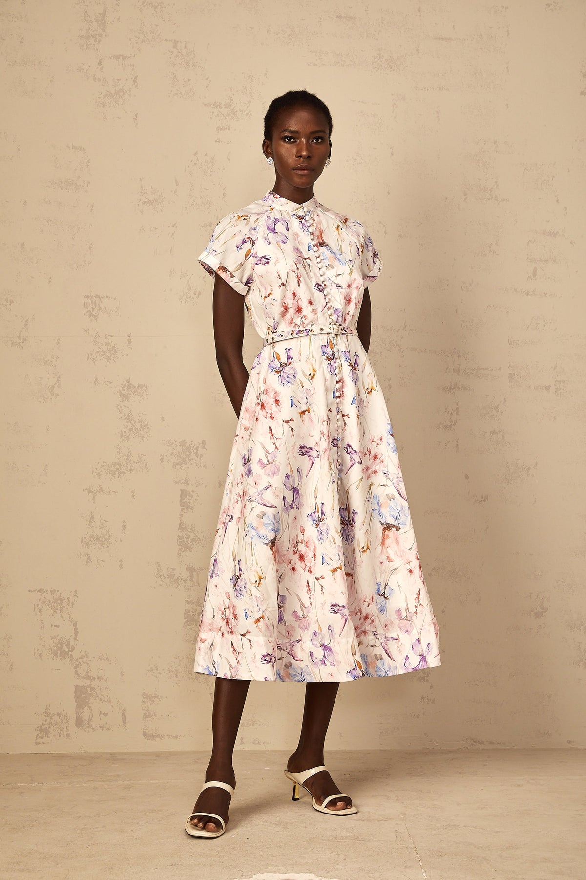 Géraldine White Mock-Neck Floral Print Midi Dress (Final Sale-US Only)