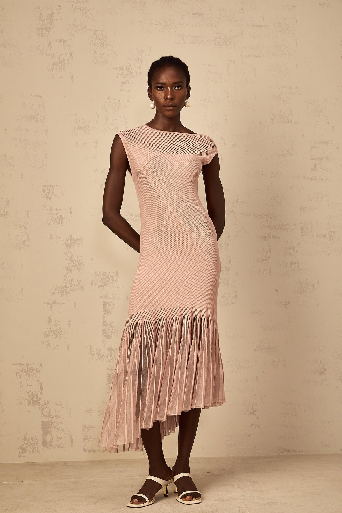 Laure Dusty Pink Tulle Panel Ribbed Knit Midi Dress