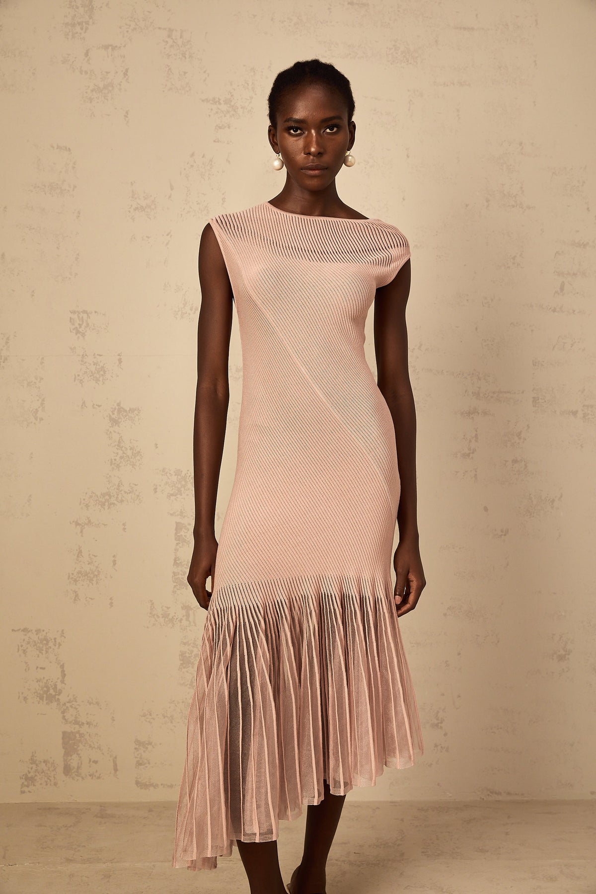 Laure Dusty Pink Tulle Panel Ribbed Knit Midi Dress