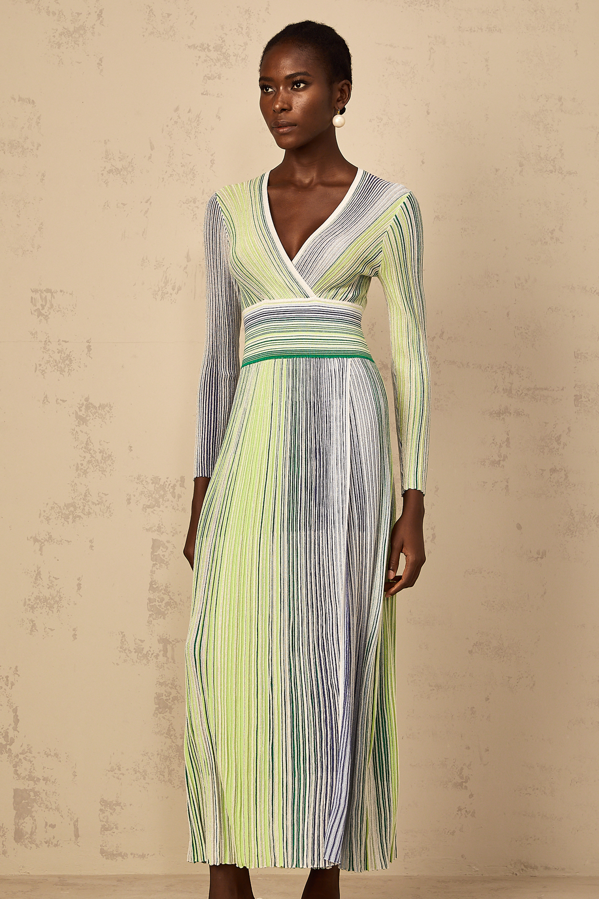 Amaryllis Green Long Sleeve Sequin Striped Knit Maxi Dress