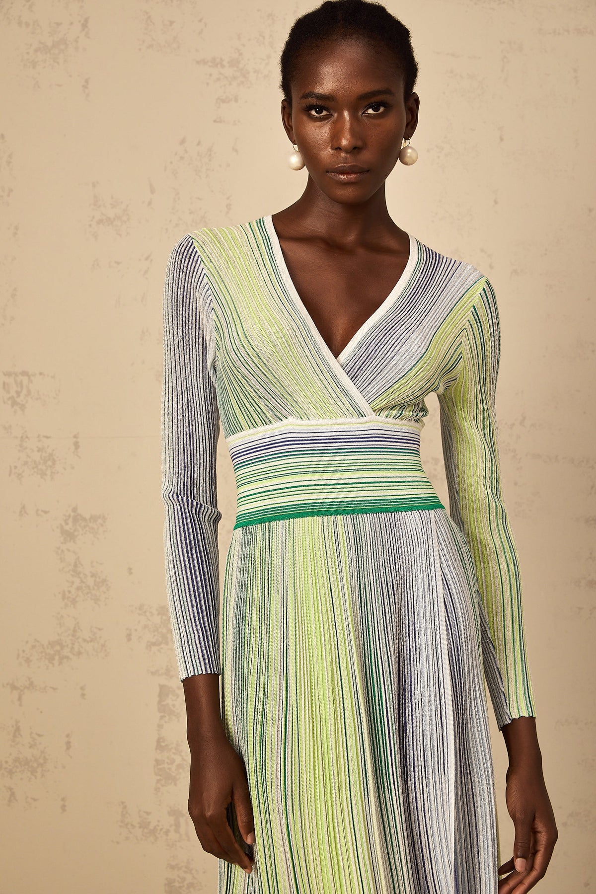 Amaryllis Green Long Sleeve Sequin Striped Knit Maxi Dress