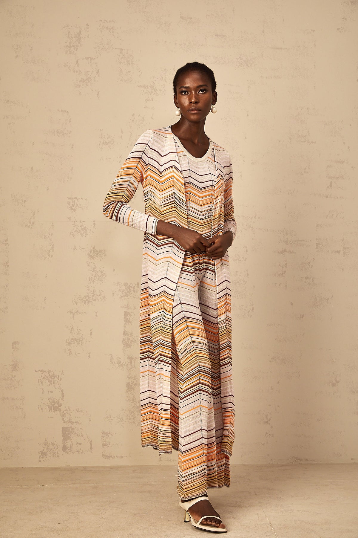 Chloé Neutral Striped Knit Long Cardigan