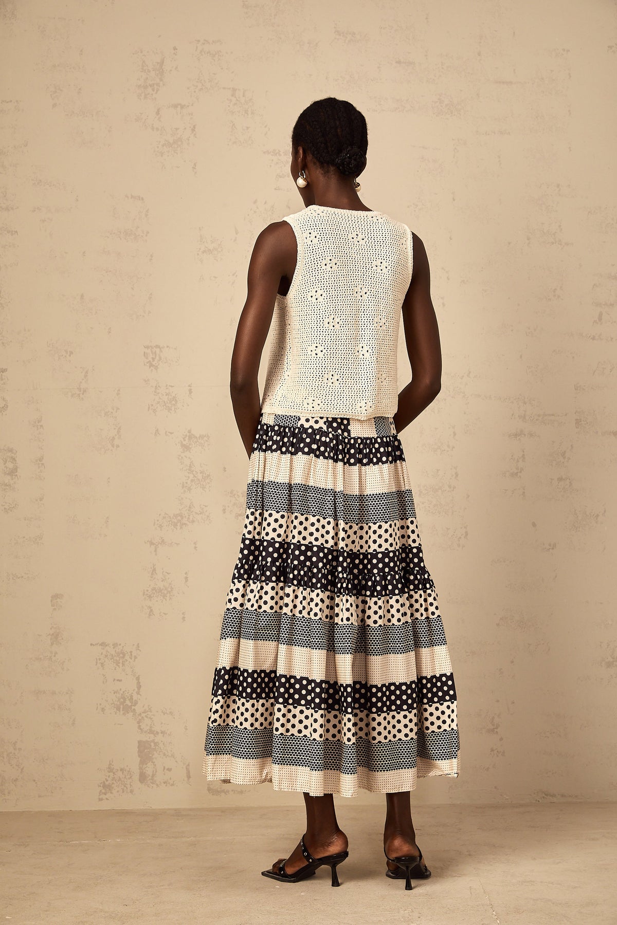 Joséphine Color Block Shirred Polka Dot Skirt