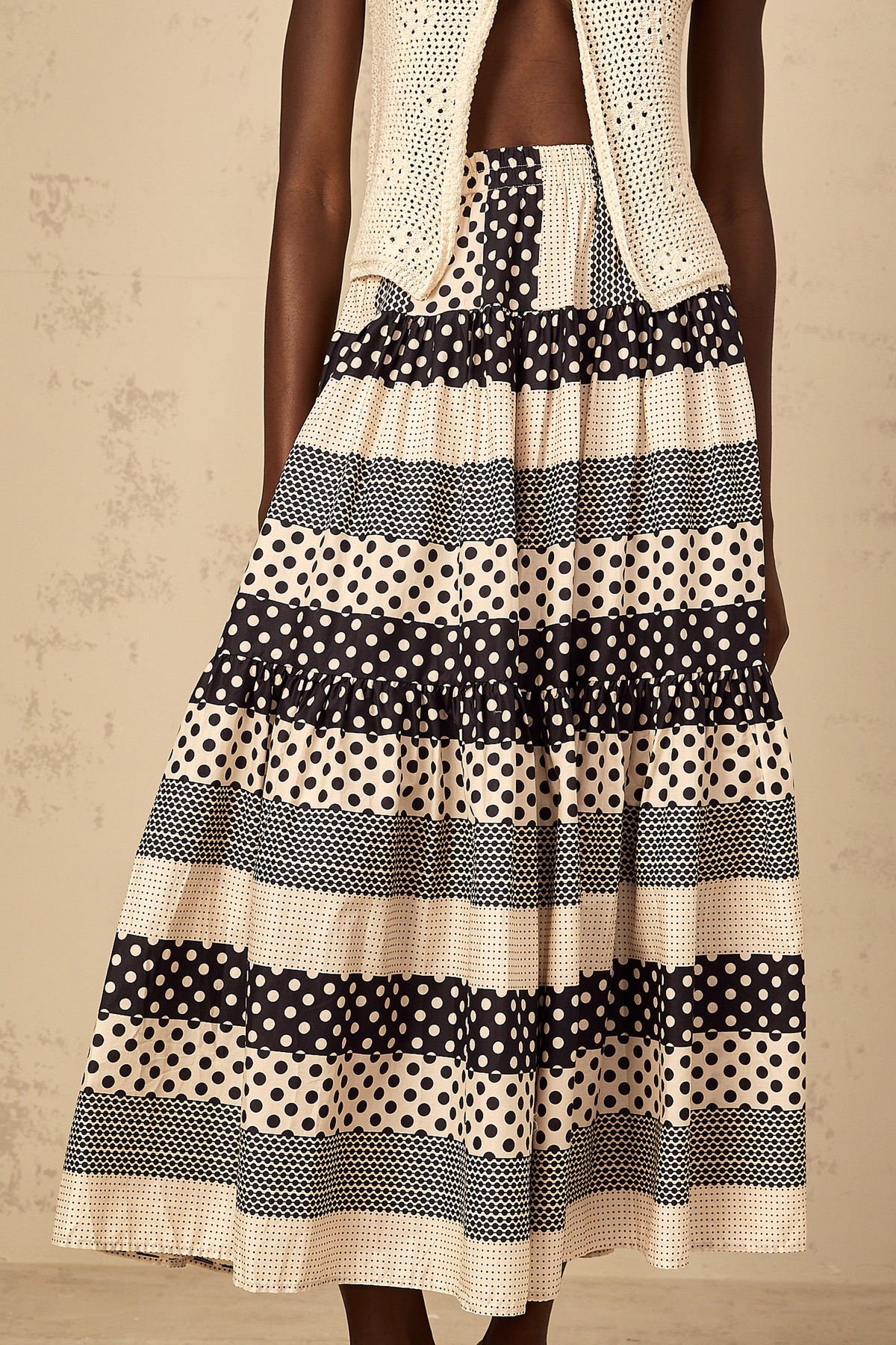 Joséphine Color Block Shirred Polka Dot Skirt