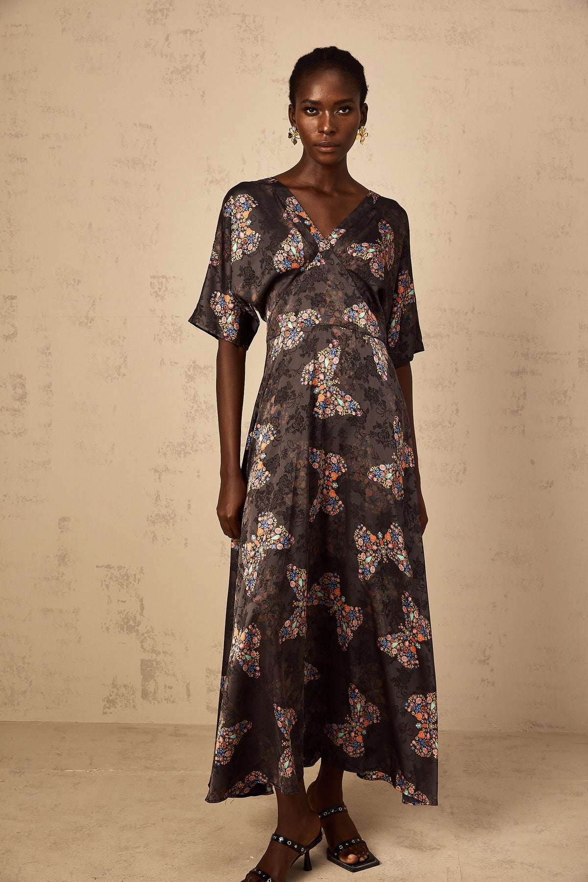 Glannon Black Self-Tie Butterfly Print Maxi Dress