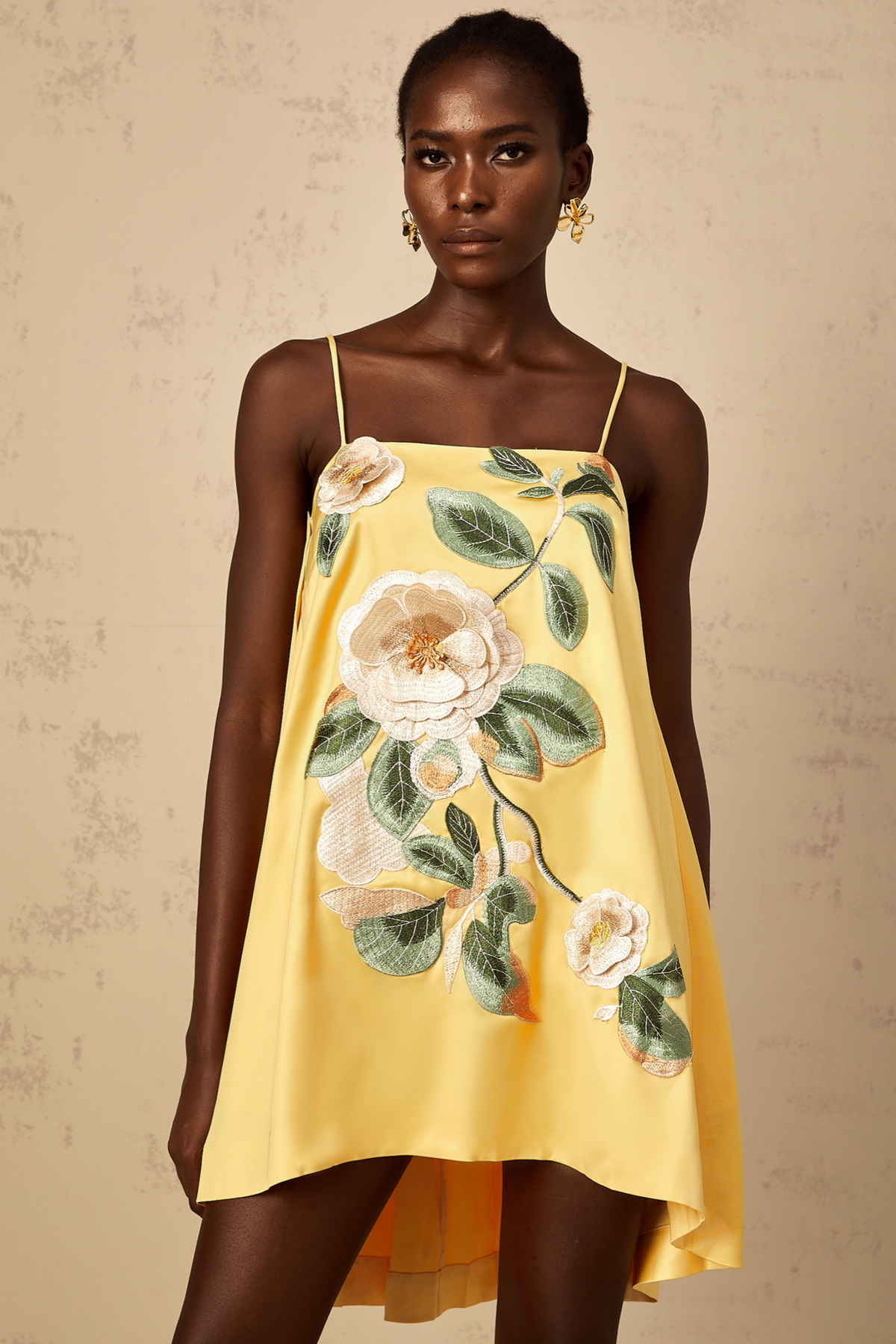 Avril Yellow Floral Embroidered Mini Dress